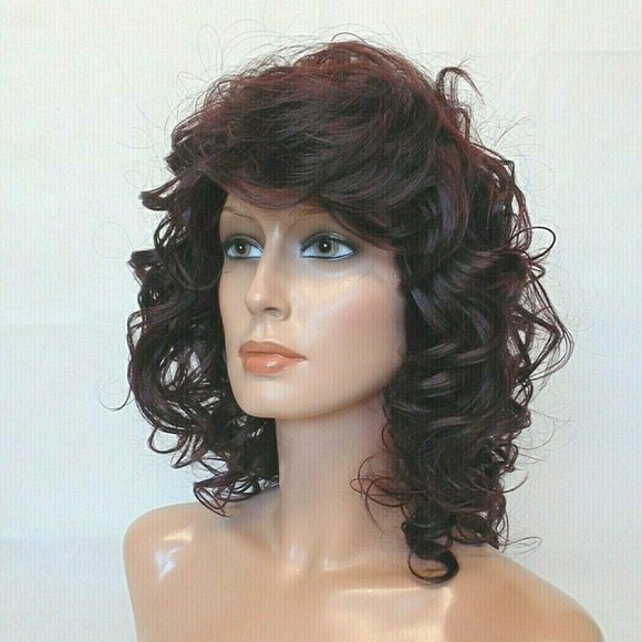 New Shoulder Length Curly Dark Brown/Burgundy Wig main image 14